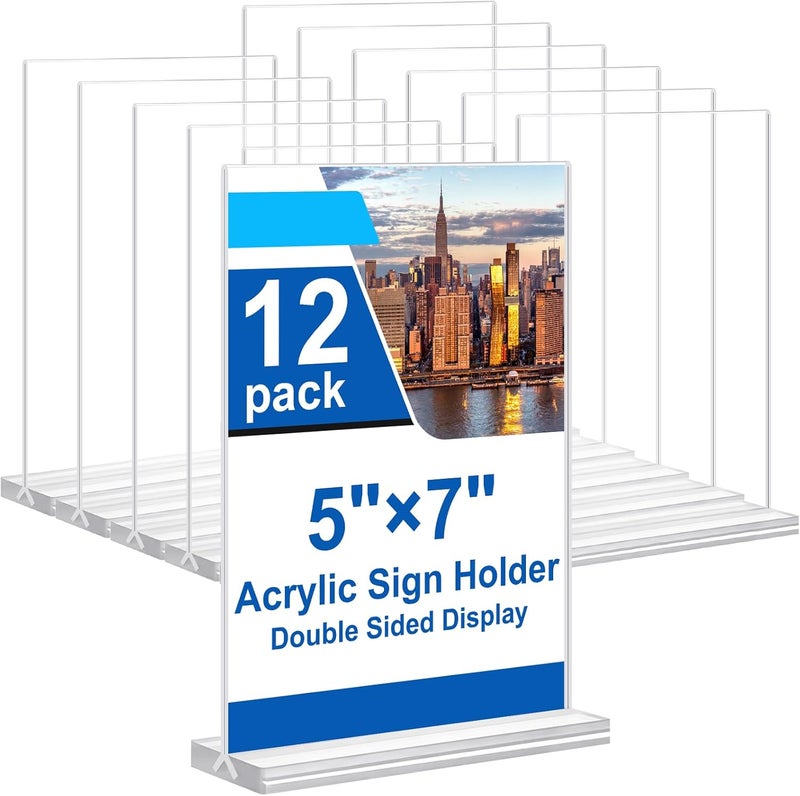 dulvus 5x7 Acrylic Sign Holder, 12 Pack Vertical Plastic Signs Frame Table Top Display, Double Sided Display Flyer Holder Menu Holders Clear Stand for Office Store Show Fair - Image 1